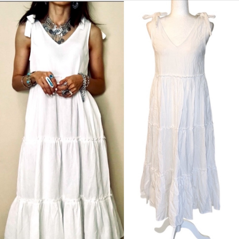 Label of Love White Bow Tie Tiered Ruffle Midi Dress - S